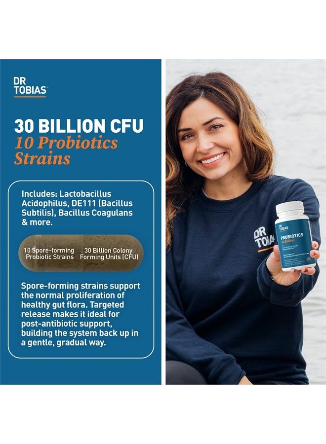 Dr. Tobias Probiotics 30 Billion, 10 Strains, 30 Billion CFU's, Targeted Release Probiotics for Digestive Health, Shelf-Stable Probiotics for Women & Men, Non-GMO, 30 Capsules, 30 Servings - Image 2