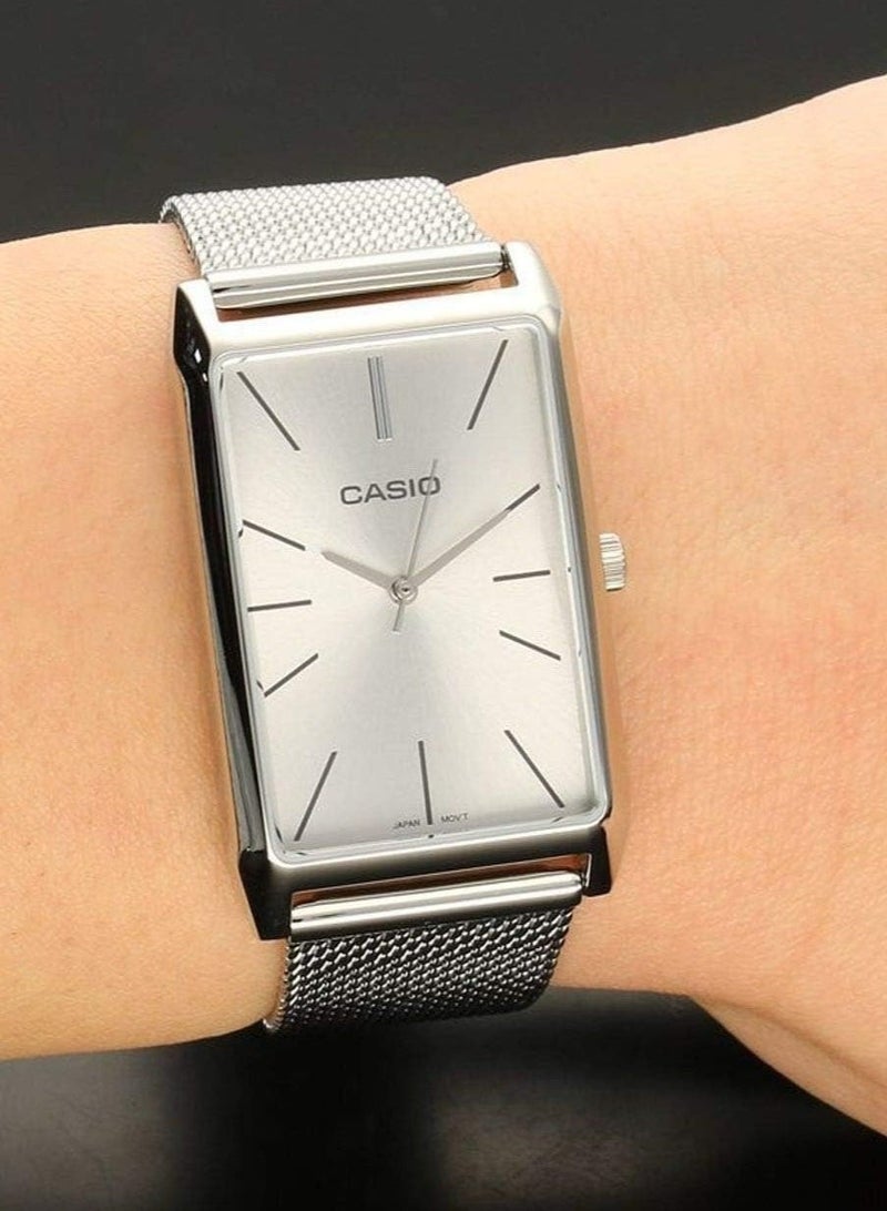 كاسيو Analog Women’s Watch LTP‑E156M‑7ADF, 25 mm Silver Rectangular Dial, Stainless Steel Case & Stainless Steel Mesh Band, Water Resistant - Image 1