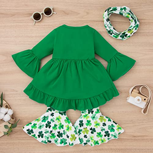 Noubeau Toddler Baby Girl St.Patrick's Day Outfits Solid Tunic Top Dress Lucky Clover Shamrock Four-Leaf Flared Pants Scarf Sets (Shamrock- 2, 12-18 Months) - Image 3