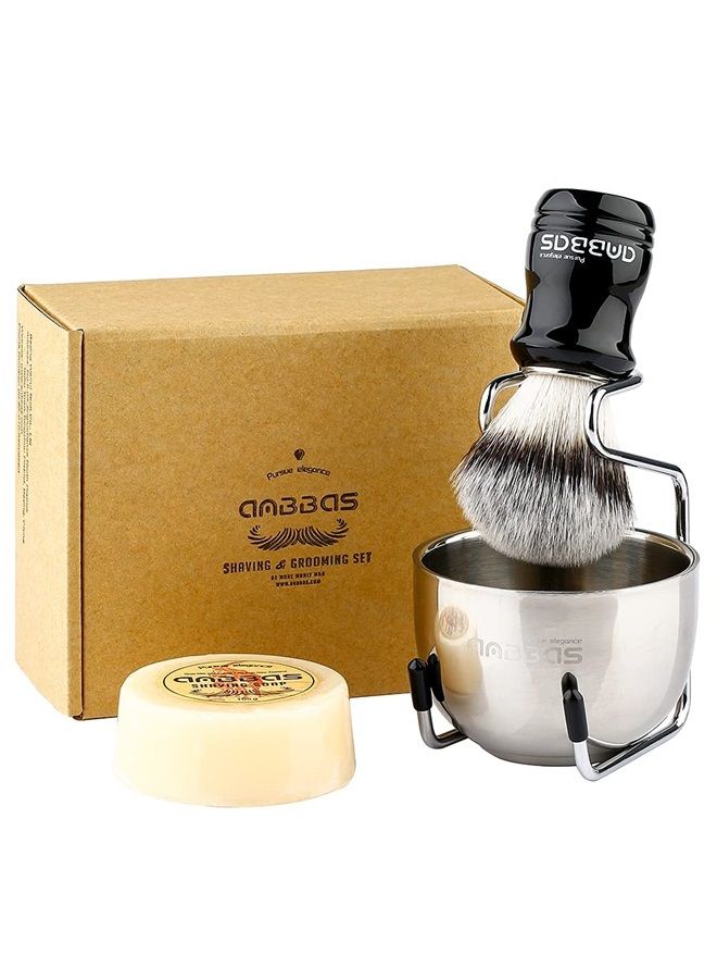 Anbbas 4in1 Vegan Style Synthetic Badger Hair Shaving Brush, Stainless Steel Shaving Stand Milk Shaving Soap and Bowl Set for Men Close Shave Kit - Image 1