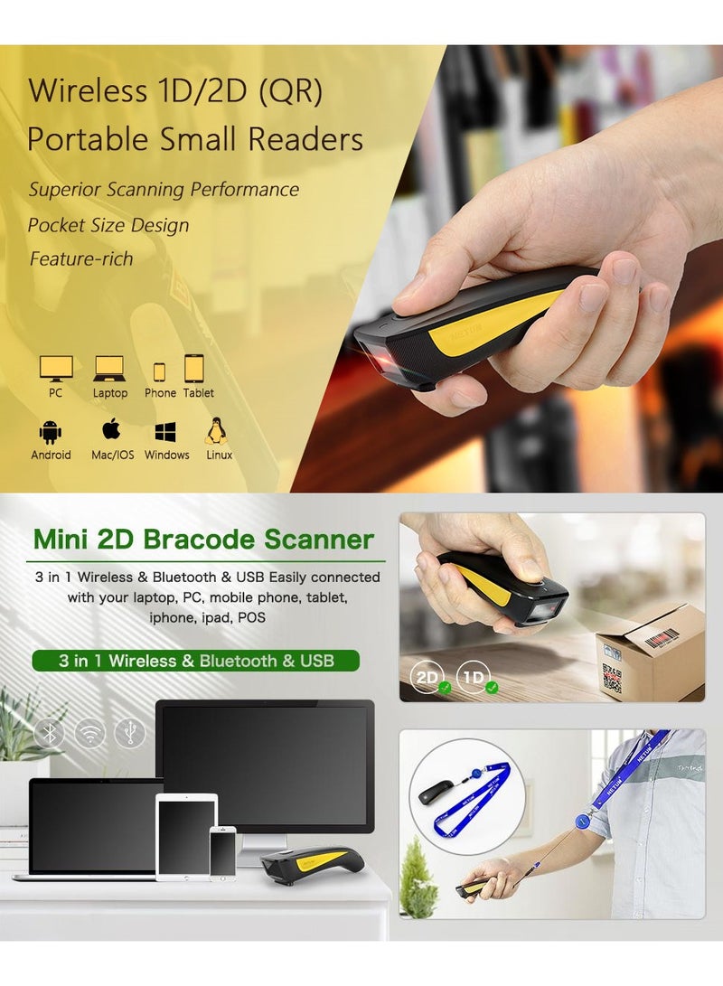 NETUM 1D 2D QR Code Scanner, Mini Barcode Scanner Bluetooth Compatible, Small Portable USB Bar Code Scanner for Inventory, 2.4G Cordless Image Reader for Tablet iPhone iPad Android iOS PC POS - Image 2