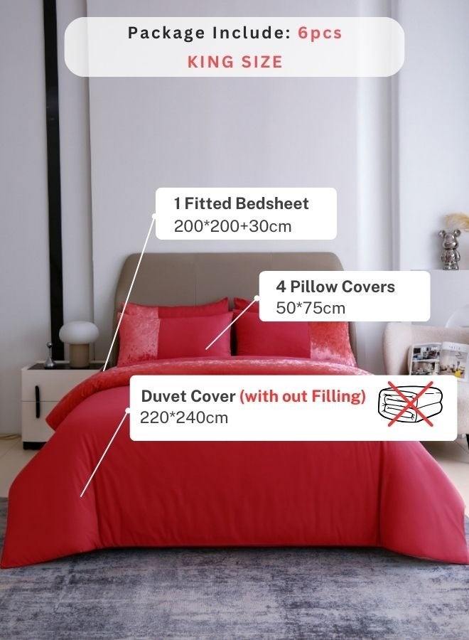 LUNA Home Premium 6 Pieces King Size Duvet Cover With Velvet Decor Red - Image 2
