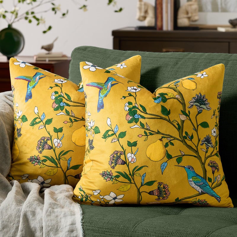 MUSSEL Mustard Yellow Floral Pillow Covers 18x18 Set of 2, Velvet Wild Flower Plant Throw Pillows Case, Square Farmhouse Decor Cushion Covers for Home Sofa Bed Couch - Image 2