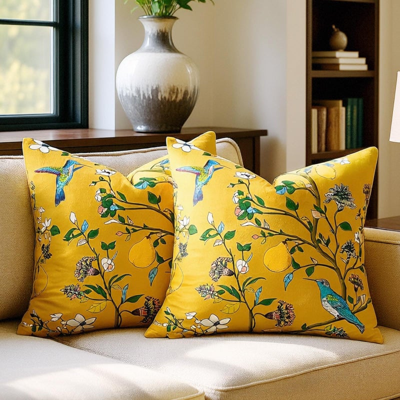 MUSSEL Mustard Yellow Floral Pillow Covers 18x18 Set of 2, Velvet Wild Flower Plant Throw Pillows Case, Square Farmhouse Decor Cushion Covers for Home Sofa Bed Couch - Image 1