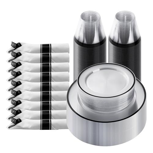 Goodluck 175 Piece Black Plastic Dinnerware Set for Party, Clear Disposable Plates for 25 Guests, Include: 25 Dinner Plastic Plates, 25 Dessert Plates, 25 Pre Rolled Napkins with Cutlery Set, 25 Cups - Image 1