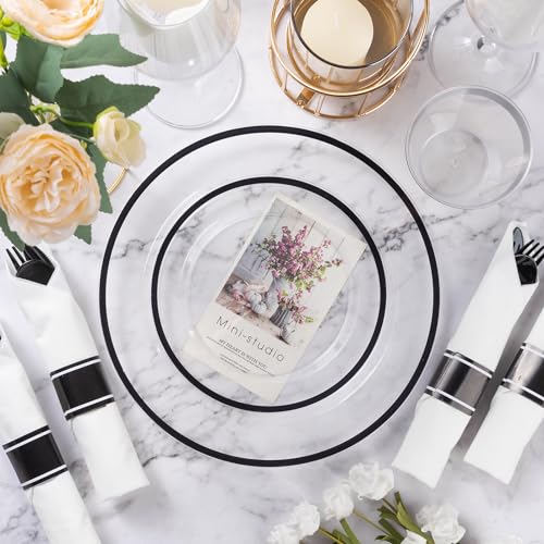 Goodluck 175 Piece Black Plastic Dinnerware Set for Party, Clear Disposable Plates for 25 Guests, Include: 25 Dinner Plastic Plates, 25 Dessert Plates, 25 Pre Rolled Napkins with Cutlery Set, 25 Cups - Image 3