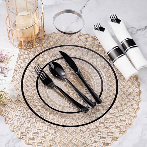 Goodluck 175 Piece Black Plastic Dinnerware Set for Party, Clear Disposable Plates for 25 Guests, Include: 25 Dinner Plastic Plates, 25 Dessert Plates, 25 Pre Rolled Napkins with Cutlery Set, 25 Cups - Image 5