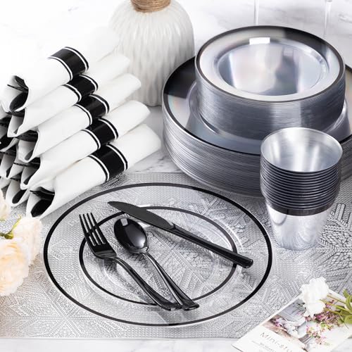 Goodluck 175 Piece Black Plastic Dinnerware Set for Party, Clear Disposable Plates for 25 Guests, Include: 25 Dinner Plastic Plates, 25 Dessert Plates, 25 Pre Rolled Napkins with Cutlery Set, 25 Cups - Image 2