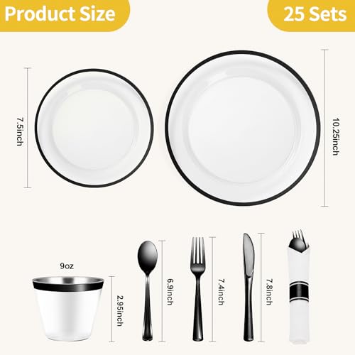 Goodluck 175 Piece Black Plastic Dinnerware Set for Party, Clear Disposable Plates for 25 Guests, Include: 25 Dinner Plastic Plates, 25 Dessert Plates, 25 Pre Rolled Napkins with Cutlery Set, 25 Cups - Image 4