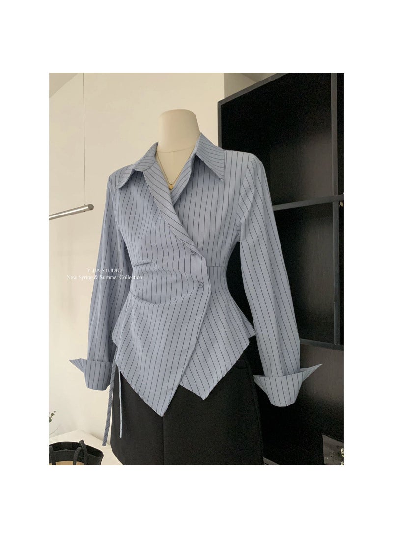Generic - Fashionable Korean Design Womens Shirt 2024 Spring Summer Waist-Cinching Asymmetrical Versatile Short Top Trendy Button-Up Blue - Image 1