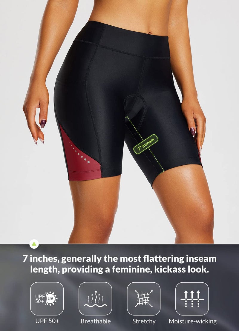 Baleaf شورتات دراجات نسائية BALEAF مع وسادة 4D شورتات دراجات هوائية 7" مع جيوب UPF50+ أحمر L - Image 3