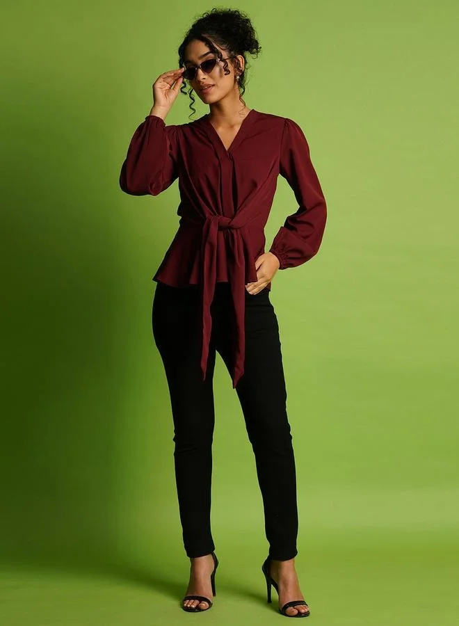 globus Globus V-Neck Balloon Sleeve Crepe Top with Tie-Up Detail