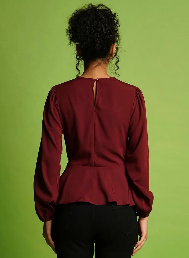 globus Globus V-Neck Balloon Sleeve Crepe Top with Tie-Up Detail