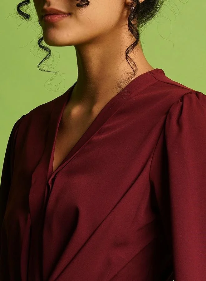 globus Globus V-Neck Balloon Sleeve Crepe Top with Tie-Up Detail