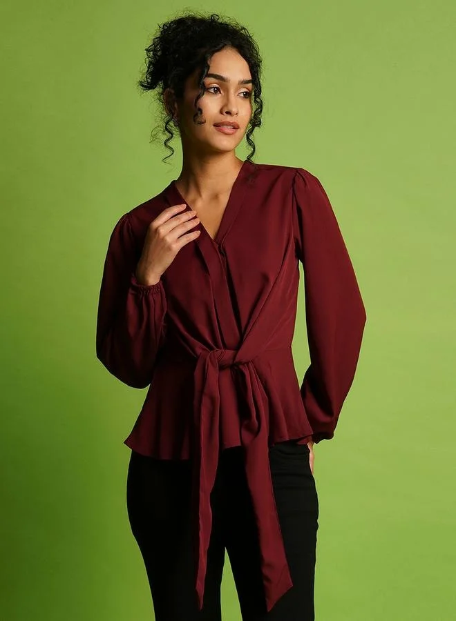 globus Globus V-Neck Balloon Sleeve Crepe Top with Tie-Up Detail