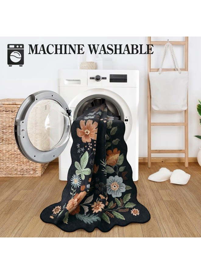 La Home Floral Kitchen Runner, 2x5 Soft Washable Runner Rug Non Slip, Ultra-Thin Hallway Rug Stain Resistant Boho Carpet for ‎Laundry Bathroom Bedroom, Black/Grey - Image 4