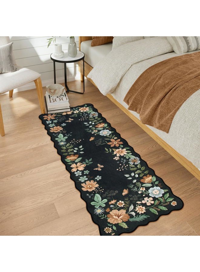 La Home Floral Kitchen Runner, 2x5 Soft Washable Runner Rug Non Slip, Ultra-Thin Hallway Rug Stain Resistant Boho Carpet for ‎Laundry Bathroom Bedroom, Black/Grey - Image 3