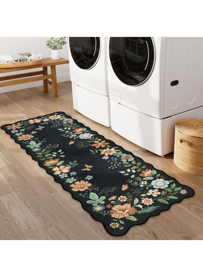 La Home Floral Kitchen Runner, 2x5 Soft Washable Runner Rug Non Slip, Ultra-Thin Hallway Rug Stain Resistant Boho Carpet for ‎Laundry Bathroom Bedroom, Black/Grey - Image 2