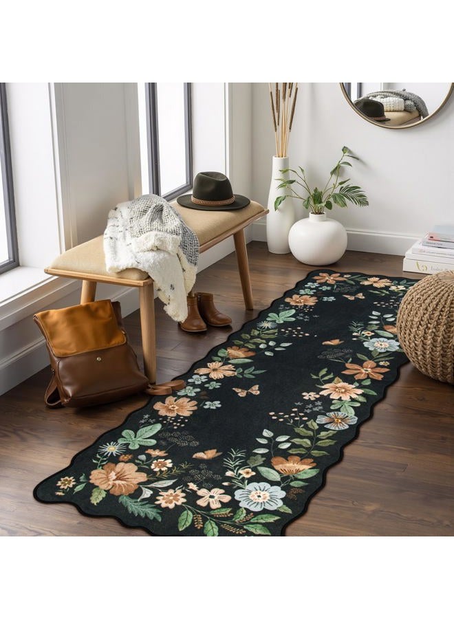 La Home Floral Kitchen Runner, 2x5 Soft Washable Runner Rug Non Slip, Ultra-Thin Hallway Rug Stain Resistant Boho Carpet for ‎Laundry Bathroom Bedroom, Black/Grey - Image 1