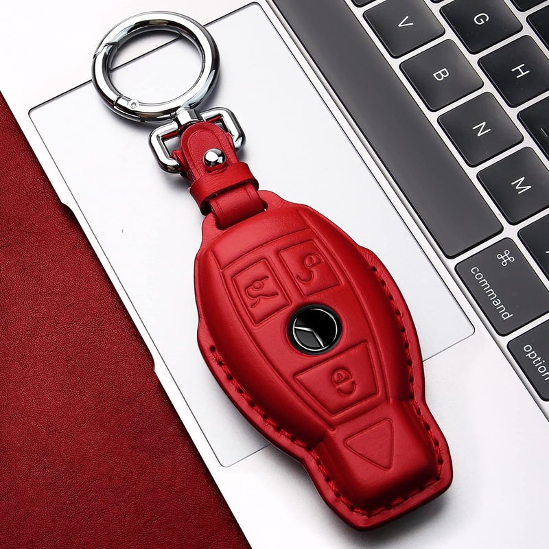 Tukellen for Mercedes Benz Key fob Cover Genuine Leather with Keychain,Leather Key case Protector Compatible C E M S CLS CLK GLK GLC G AMG Series Smart Remote Key,Red - Image 4