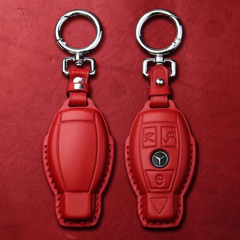 Tukellen for Mercedes Benz Key fob Cover Genuine Leather with Keychain,Leather Key case Protector Compatible C E M S CLS CLK GLK GLC G AMG Series Smart Remote Key,Red - Image 2