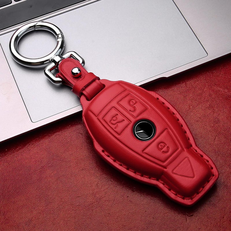 Tukellen for Mercedes Benz Key fob Cover Genuine Leather with Keychain,Leather Key case Protector Compatible C E M S CLS CLK GLK GLC G AMG Series Smart Remote Key,Red - Image 3