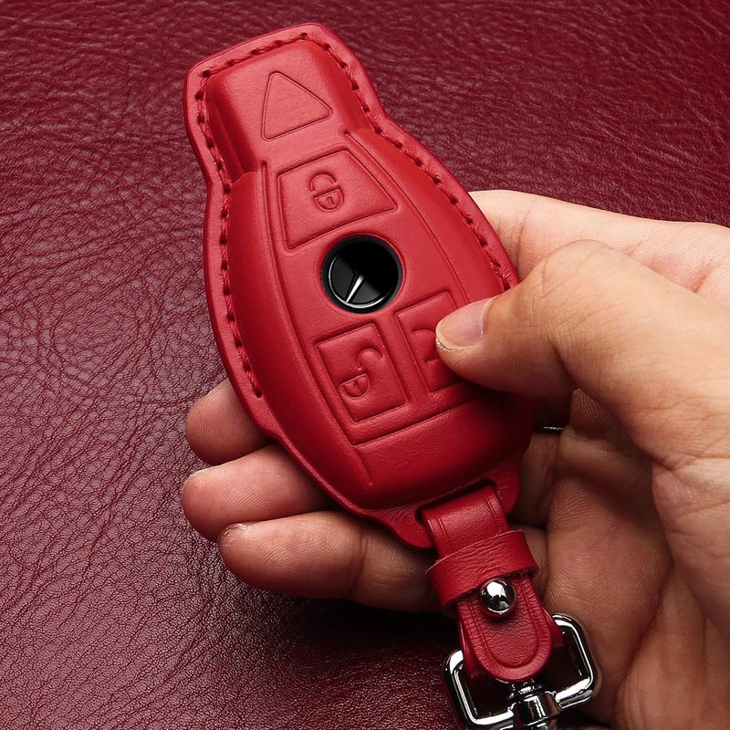 Tukellen for Mercedes Benz Key fob Cover Genuine Leather with Keychain,Leather Key case Protector Compatible C E M S CLS CLK GLK GLC G AMG Series Smart Remote Key,Red - Image 5