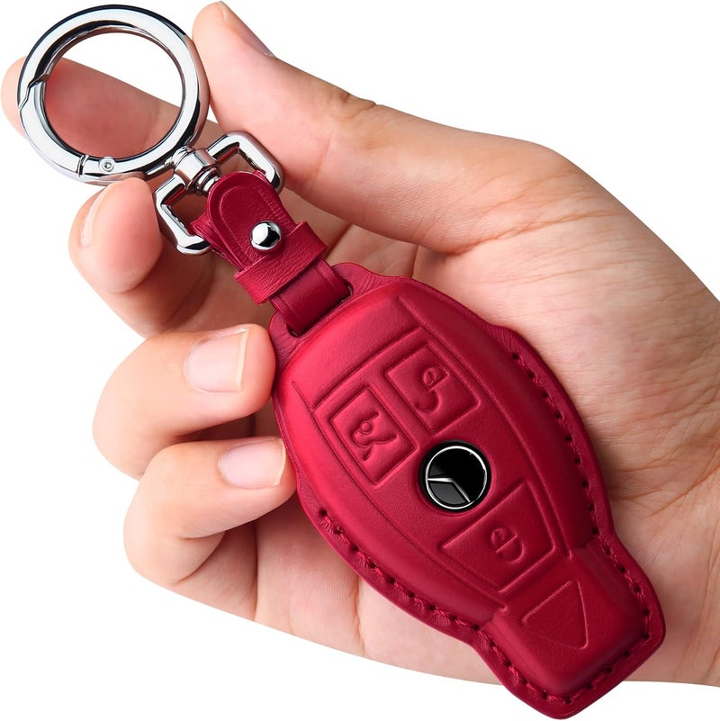 Tukellen for Mercedes Benz Key fob Cover Genuine Leather with Keychain,Leather Key case Protector Compatible C E M S CLS CLK GLK GLC G AMG Series Smart Remote Key,Red - Image 1