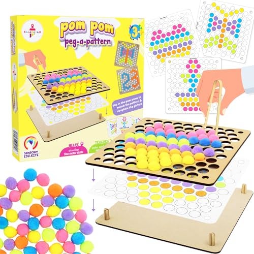 Kalakaram Pom Pom Peg-A-Pattern – Color Matching & Sorting Activity Set for Kids | Colour Toys for Toddlers with Pom Poms & Tong, Learning Montessori-Sensory Toy, Gift for Boys, Girls Age 2-6 Years - Image 1