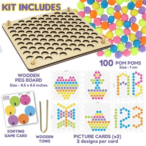 Kalakaram Pom Pom Peg-A-Pattern – Color Matching & Sorting Activity Set for Kids | Colour Toys for Toddlers with Pom Poms & Tong, Learning Montessori-Sensory Toy, Gift for Boys, Girls Age 2-6 Years - Image 2