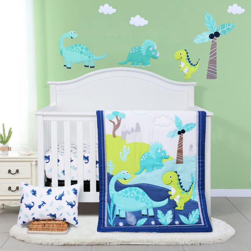 JISEN 3 Piece Crib Bedding Set Crib Quilt Crib Sheet Pillowcase Soft Microfiber Printed Dinosaur Nursery Set for Baby Boys or Girls