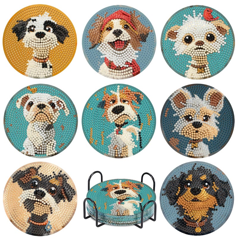 cupmod Cute Dog Diamond Art Painting Coasters Kit, 8 Pieces Puppy Diamond Art Coasters with Holder, DIY Dog Diamond Coasters for Beginners - Image 1