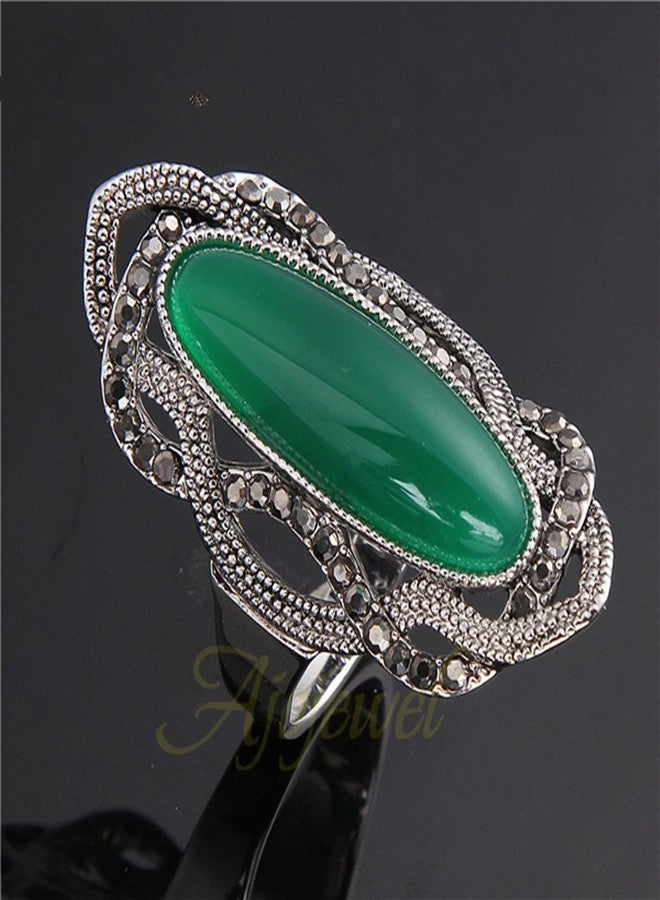 Ajojewel Big Green Resin Stone Rings With Black Rhinestone Women Vintage Jewelry (Green, 8) - Image 3