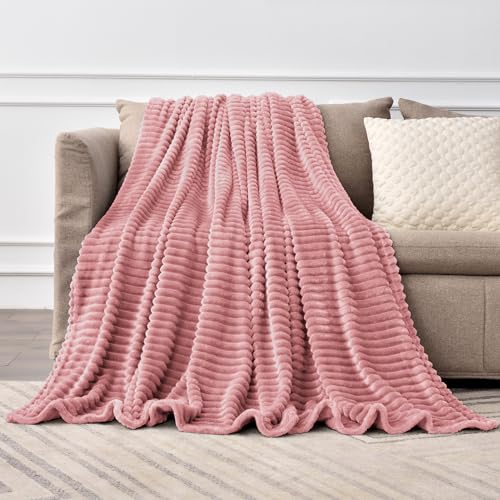 BEDELITE Large Throw Blankets for Couch 3D Ribbed Jacquard Cute Fuzzy Fleece Blanket Warm and Breathable Soft Cozy Throw XL Blanket Dusty Pink - Image 1