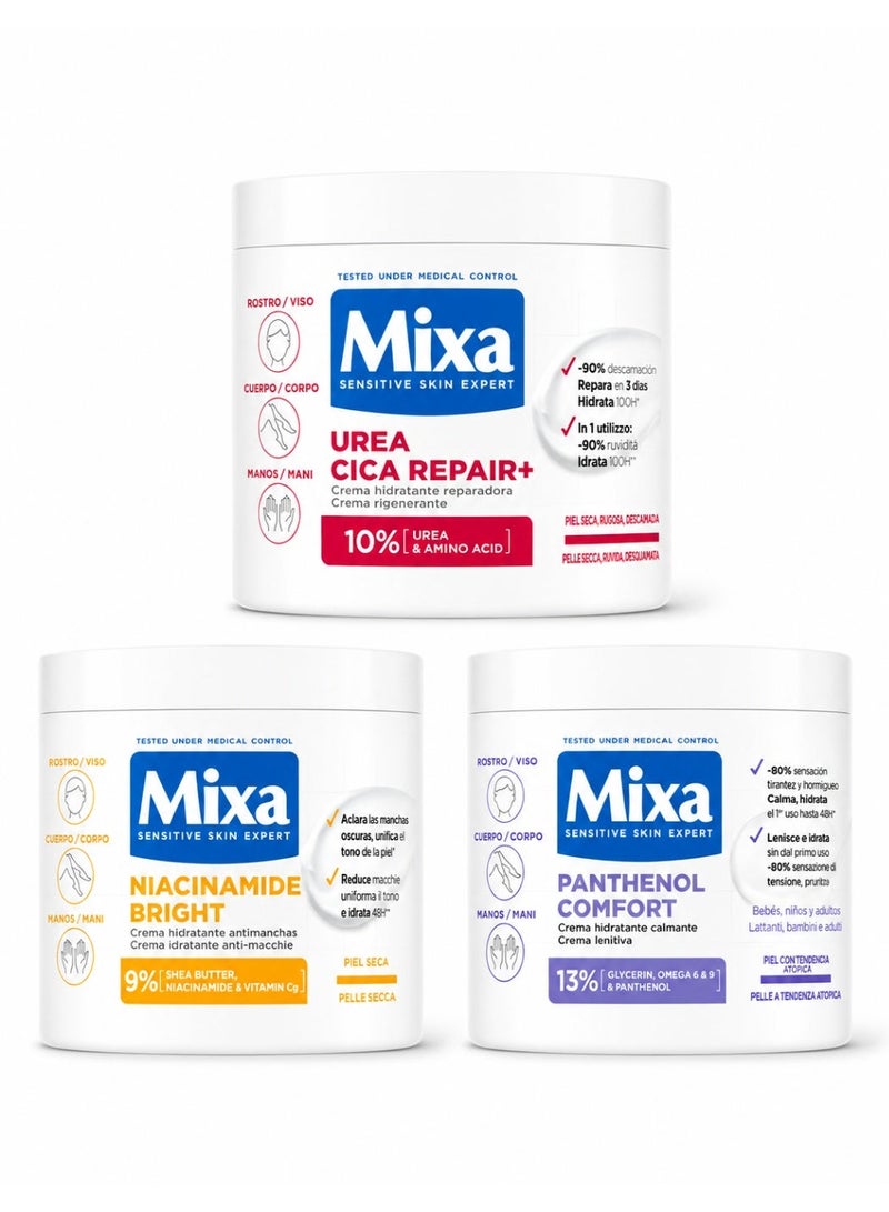Mixa Urea Cica Repair+, 10% Urea & Amino Acid -400ml & Mixa Panthenol Comfort, 13% Glycerin, Omega 6 & 9 & Panthenol - 400ml & Mixa Niacinamide Bright - 9% Shea Butter, Niacinamide & Vitamin Cg  – 400ml Bundle - Image 5