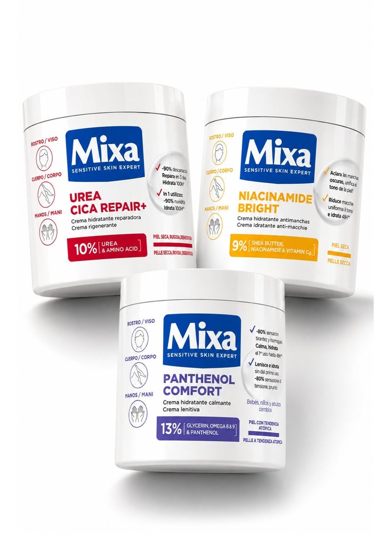 Mixa Urea Cica Repair+, 10% Urea & Amino Acid -400ml & Mixa Panthenol Comfort, 13% Glycerin, Omega 6 & 9 & Panthenol - 400ml & Mixa Niacinamide Bright - 9% Shea Butter, Niacinamide & Vitamin Cg  – 400ml Bundle - Image 1