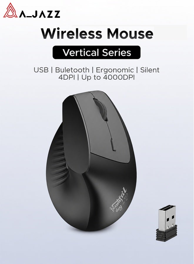 A-jazz I300 Vertical Ergonomic Mouse, Dual Mode, Wireless Mouse 2.4G with USB Receiver, Bluetooth Mouse with 4-level adjustable DPI up to 4000 DPI, 5 buttons, silent, smooth, suitable for laptops, desktops, personal computers, Macbooks, office use, comfortable black - Image 1