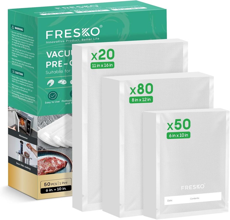 Fresko Vacuum Sealer Bags, 150 Gallon 11" x 16" and Quart 8" x 12" and Pint 6" x 10" BPA Free PreCut Bag, Commercial Grade Food Vac Bags for Storage, Meal Prep or Sous Vide - Image 1