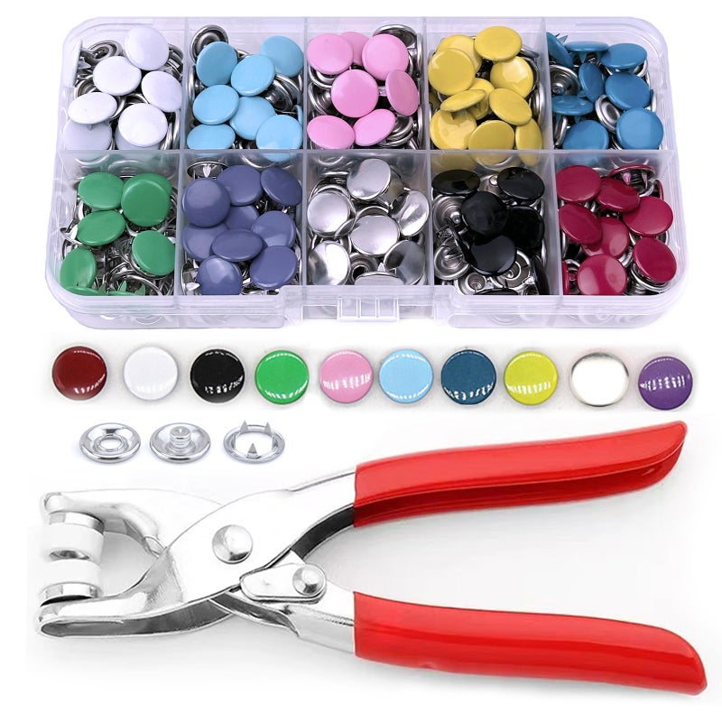 MIFOLEU Snaps for Fabric, MIFOLEU 100 Sets Metal Snaps Buttons with Fastener Pliers Press Tool Kit, Solid Prong Ring Snap Button Fasteners Kit, Perfect for DIY Crafts Clothes Hats and Sewing(9.5mm / 400 PCS) - Image 1