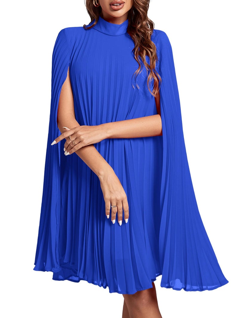 Rooscier Women's Pleated Mock Neck Cloak Sleeve Keyhole Back Flowy Party Midi Dress Plain Royal Blue XX-Large - Image 1