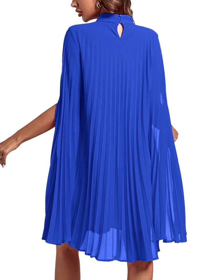 Rooscier Women's Pleated Mock Neck Cloak Sleeve Keyhole Back Flowy Party Midi Dress Plain Royal Blue XX-Large - Image 2