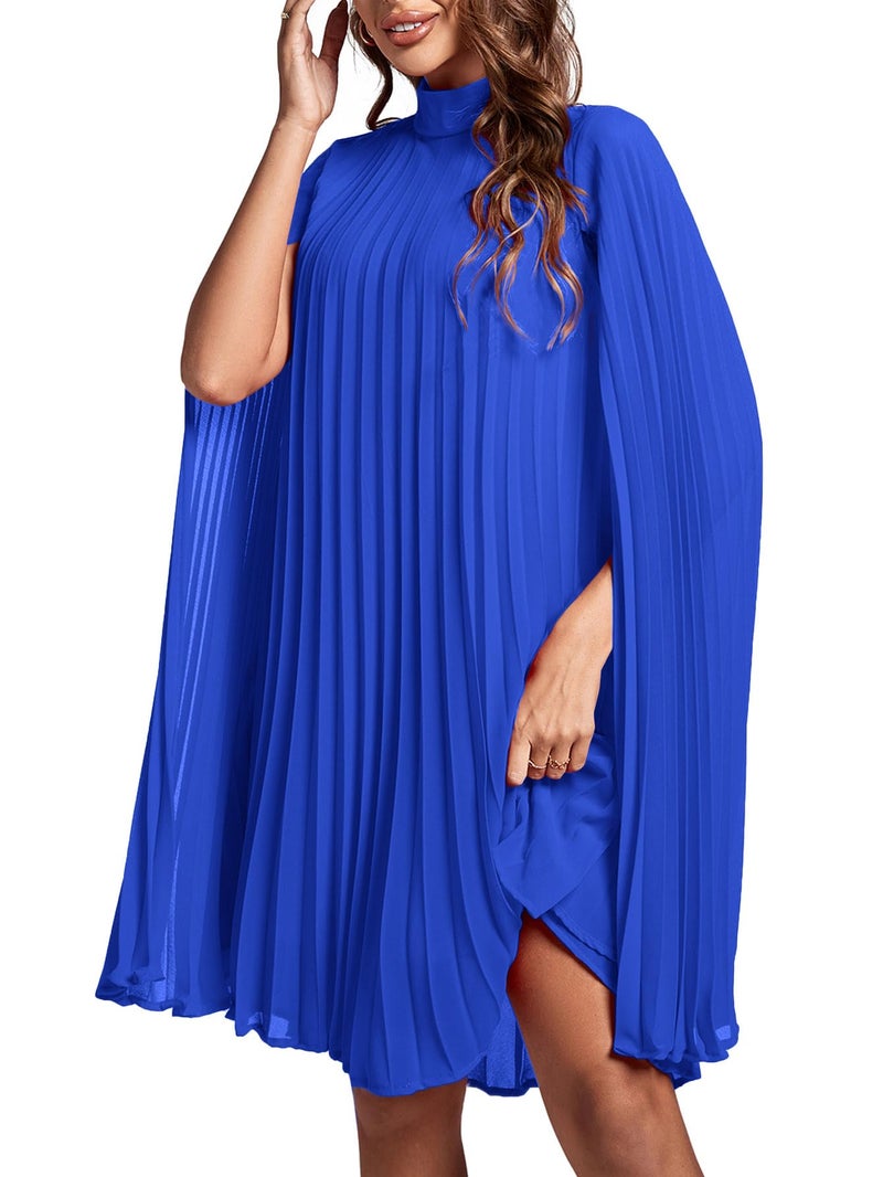 Rooscier Women's Pleated Mock Neck Cloak Sleeve Keyhole Back Flowy Party Midi Dress Plain Royal Blue XX-Large - Image 4