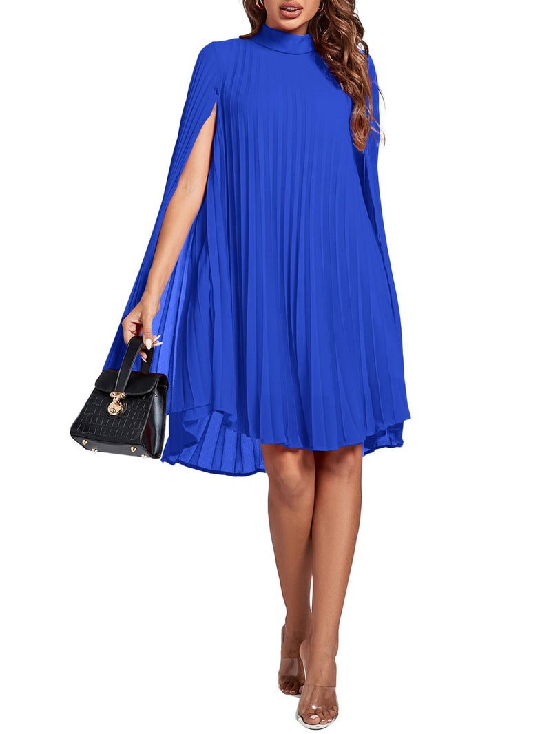 Rooscier Women's Pleated Mock Neck Cloak Sleeve Keyhole Back Flowy Party Midi Dress Plain Royal Blue XX-Large - Image 5