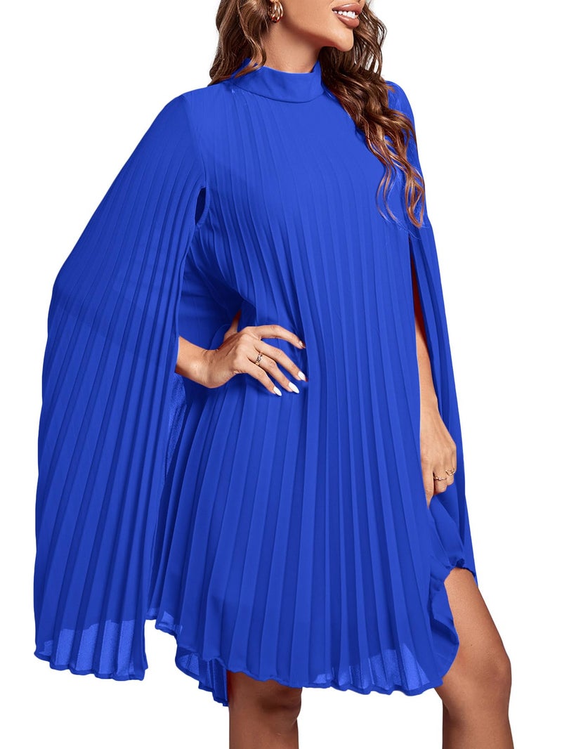 Rooscier Women's Pleated Mock Neck Cloak Sleeve Keyhole Back Flowy Party Midi Dress Plain Royal Blue XX-Large - Image 3