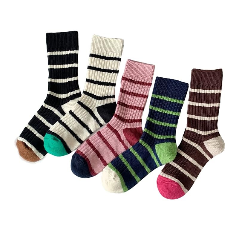 FORJMMP 5/10 Pairs Retro Style Colorful Striped Socks, Cute Athletic Crew socks for Women (5 Pairs-Set C) - Image 1