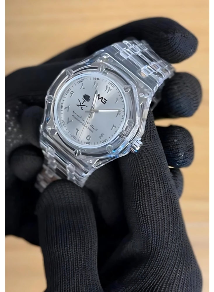 ام جي ساعة يد رجالية شفافة, أرقام عربية, لون أبيض ملكي, نسخة اليوم الوطني أنيقة وفخمة. - Image 2