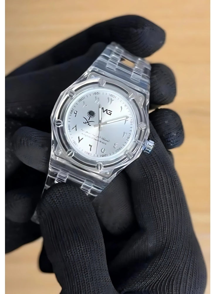 ام جي ساعة يد رجالية شفافة, أرقام عربية, لون أبيض ملكي, نسخة اليوم الوطني أنيقة وفخمة. - Image 1