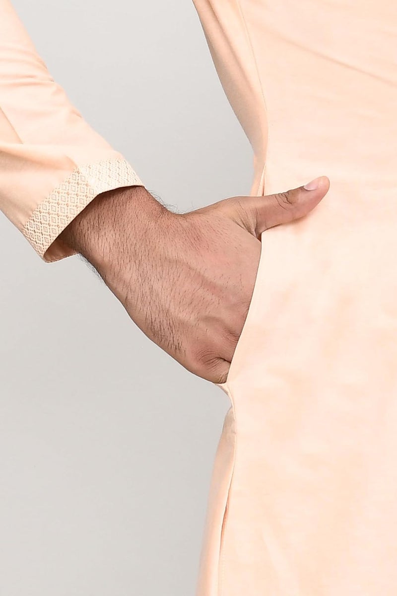 Polyfab طقم كورتا وبايجاما قطن للرجال من هاثكارغا مع ياقة وأساور مطرزة | ملابس تقليدية عرقية للمهرجانات والأعراس | طقم كورتا باجاما بأكمام كاملة للرجال - متعدد (المقاس - XS إلى XXL) - Image 5