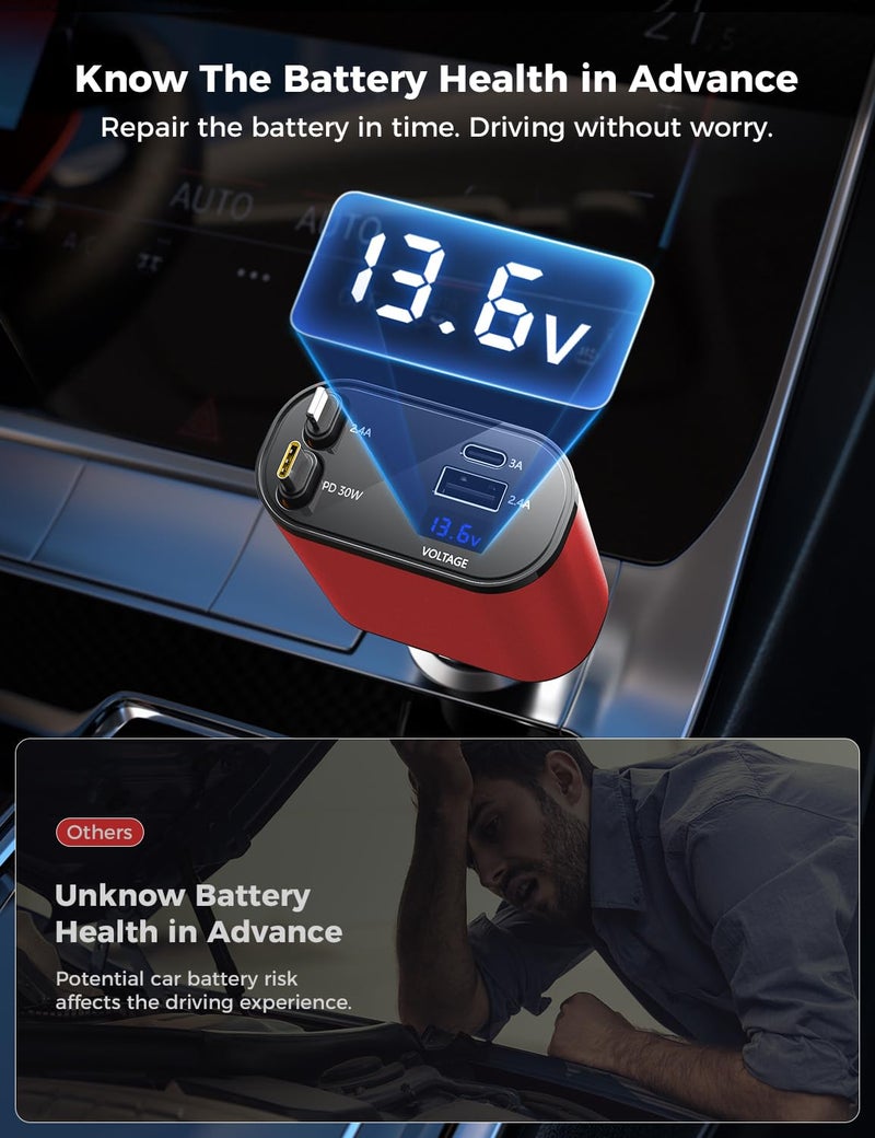 SUPERONE ã€Upgradedã€‘ SUPERONE Retractable Car Charger 4 in 1, Fast Car Phone Charger with Cord 2.6ft, USB C and Apple Car Charger Adapter, Compatible with iPhone 17/16/15/15 Pro Max/14/13/12/11, Galaxy, Pixel - Image 5