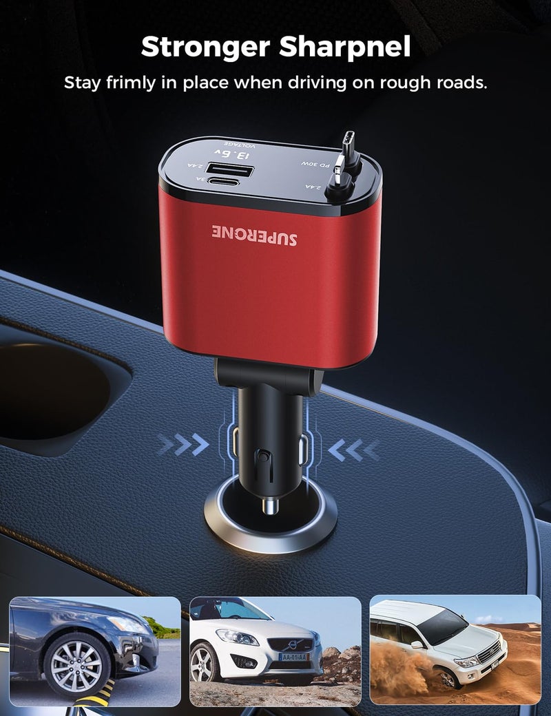 SUPERONE ã€Upgradedã€‘ SUPERONE Retractable Car Charger 4 in 1, Fast Car Phone Charger with Cord 2.6ft, USB C and Apple Car Charger Adapter, Compatible with iPhone 17/16/15/15 Pro Max/14/13/12/11, Galaxy, Pixel - Image 2